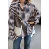 Ms. Endam Premium Seri Önü Kısa Arkası Uzun Çizgili Oversize Gömlek - Standart - Bej - Lacivert
