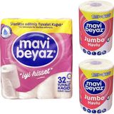 Ms Mavi Beyaz Tuvalet Kağıdı, 32 Rulo, 2 Katlı ve 2 Adet Jumbo Havlu