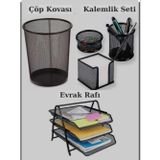 Ms Siyah evrak rafı + Metal fileli 3’lü kalemlik + Çöp kovası
