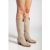 MS SUGAR SHOES Kadın Bej Süet Görünümlü Nakışlı Western Kovboy Çizme