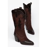 MS SUGAR SHOES Kadın Kahverengi Süet Görünümlü Kontrast Aplik Detaylı Western Kovboy Çizme