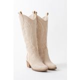 MS SUGAR SHOES Kadın Suni Süet Bej Nakışlı Western Kovboy Cowgirl Bot Çizme