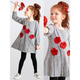 MSHB&G Gri Poppy Çiçekli Kız Çocuk Kol Ucu Lastikli Uzun Kollu Elbise - 6 Yaş