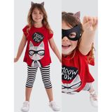 Mshb&G Kırmızı Meow Pow Çizgili Kız Çocuk Yazlık T-shirt Tayt Takım - Renkli - 7 Yaş