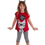 Mshb&G Kırmızı Meow Pow Çizgili Kız Çocuk Yazlık T-shirt Tayt Takım