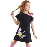 MSHB&G Kız Çocuk Siyah Unicorn Rock Elbise Asimetrik Yaka Günlük Stil - 7 Yaş