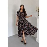 msm fashion Kadın Elbise Uzun Desenli Düğmeli Kısa Kollu Kuşaklı Gömlek Yaka Yazlık Viskon Elbise