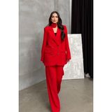 Msm Fashion Kadın Ikili Blazer Ceket Pantolon Takım Aksesuar ve Düğme Detaylı Bol Paça - 36 - Kırmızı