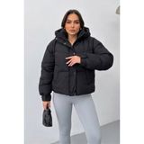 Msm Fashion Kadın Kısa Şişme Mont Kapüşonlu Düğmeli Fermuarlı Çift Cepli Dik Yaka Uzun Kollu Bileği Cırtlı Şişme Mont - Siyah