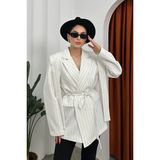 Msm Fashion Kadın Oversize Blazer Ceket Çizgili Kuşaklı Omuz Detaylı - Beyaz - 40