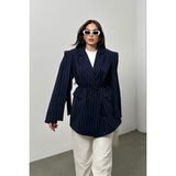 Msm Fashion Kadın Oversize Blazer Ceket Çizgili Kuşaklı Omuz Detaylı - Beyaz - 42