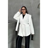 Msm Fashion Kadın Oversize Blazer Ceket Kuşaklı Omuz Detaylı - Beyaz - 36