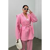 Msm Fashion Kadın Oversize Blazer Ceket Kuşaklı Omuz Detaylı - Pembe - 38