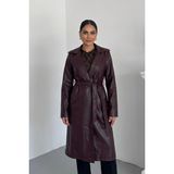 Msm Fashion Kadın Uzun Trençkot Suni Deri Kuşaklı Çift Cepli Yırtmaçlı Uzun Kollu Kruvaze Yaka Uzun Ceket - Bordo
