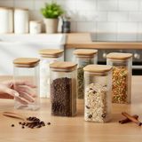 MSP 6'lı Set 425 ml Bambu Kapaklı Kare Cam Kavanoz - 6X12 cm Vakumlu Uzun Boy Şeffaf Erzak Kabı Kahve Çay Baharatlık ve Mutfak Düzenleyici Organizer Saklama Kutusu