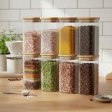 MSP 6'lı Set 520 ml Bambu Kapaklı Kare Cam Kavanoz - 6X15 cm Vakumlu Ekstra Uzun Boy Şeffaf Erzak Kabı Spagetti Makarna Kahve Bakliyat ve Mutfak Düzenleyici Saklama Kutusu