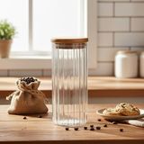 MSP Linie Serisi Bambu Kapaklı Borosilikat Cam Kavanoz - 350 ml Çizgili Vakumlu Baharatlık, Çay ve Kahve Saklama Kabı