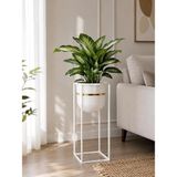 MSP Mat Beyaz Metal Kare Ayaklı Saksı, Altın Detaylı Kenar, Silindirik, Modern Tasarım, 50X20 cm No:5