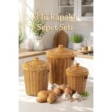 MSP PBT-439 3lü Hasır Sepet Kapaklı Bambu Sepet Seti Dekoratif Banyo Mutfak Düzenleyici Organizeri