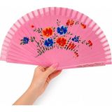 MSP Pembe Zeminli Katlanabilir El Yelpazesi Mavi Kırmızı Çiçek Desenli Ahşap Saplı Dekoratif El Yelpazesi 40X22 cm Geleneksel Tasarım