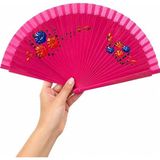 MSP Pembe Zeminli Katlanabilir El Yelpazesi Sarı Mavi Çiçek Desenli Ahşap Saplı Dekoratif El Yelpazesi 40X22 cm Geleneksel Tasarım (Koyu Pembe Zeminli Mavi-Kırmızı Çiçekli, 40X22 Cm)