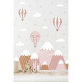 MSticker Bohem Soft Pembe Dağ ve Gökyüzü Temalı Uçan Balon İçerikli Duvar Kağıdı Görünümlü Sticker Seti