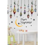 MSticker Hayırlı Bayramlar Renkli Fener Sarkıt Cam Duvar Dekorasyon Sticker Seti