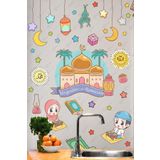 MSticker Hoşgeldin Ramazan Cami Ve Renkli Ramazan Ayı Figürleri Cam Duvar Kapı Dolap Sticker Seti