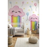 MSticker Pembe Bulutlu Gökkuşağı Balon ve Yıldızlar Çocuk Odası Cam Duvar Sticker Seti
