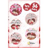 MSticker Sevgililer Günü 4 Cm 56 Adet Yuvarlak Özel Kesimli Sticker Etiket