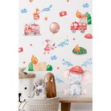 MSticker Sevimli İtfaiyeciler Çocuk Bebek Odası Cam Dolap Duvar Sticker Seti, İtfaiyeci Hayvanlar