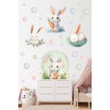 MSticker Soft Renklerde Tavşanlar Ve Puantiyeler Çocuk Bebek Odası Cam Duvar Dolap Sticker Seti