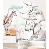 MSticker Yuvarlak Ormanda Fil Flamingo Zürafa Sincap Ve Ağaçlar Duvar Sticker 95x95 Cm