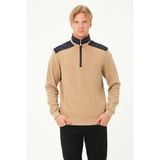 Msw Fermuarlı Regular Fit Deri Detaylı Uzun Kollu Erkek Selanik Bej Sweatshirt - XL
