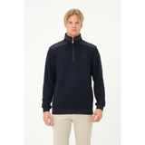 Msw Fermuarlı Regular Fit Deri Detaylı Uzun Kollu Erkek Selanik Lacivert Sweatshirt - 6XL