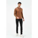 Msw Kahve Fermuarlı Uzun Kollu Regular Fit Erkek Polo Yaka T-Shirt - 4XL