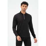 Msw Siyah Fermuarlı Uzun Kollu Regular Fit Erkek Polo Yaka T-Shirt - 4XL