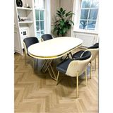 Msy Home 4 Kişilik Aura Gold Serisi Beyaz Lake Oval Yemek Masası ve Puffy Antrasit Sandalye Takımı Modern - Krem - Füme - Krem-Füme