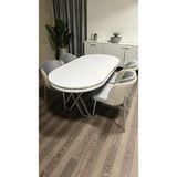 Msy Home 4 Kişilik Aura Krom Serisi Beyaz Lake Oval Yemek Masası ve Puffy Açık Gri Sandalye Takımı Modern - Krem - Açık Gri - Krem-Açık Gri