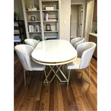 Msy Home 4 Kişilik Berya Beyaz Oval Masa Gold Ayak Yönsüz Kumaş Modern ve Şık Yemek Odası Takımı - Bej