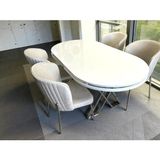 Msy Home 4 Kişilik Berya Beyaz Oval Masa Krom Ayak Yönsüz Kumaş Modern ve Şık Yemek Odası Takımı - Krem