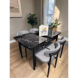 Msy Home 4 Kişilik Lina A.gri Kumaş 80*130 Siyah Mermer Açılır Masa Sandalye Seti (Modern Seri) Siyah Iskelet - Açık Gri