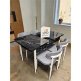 Msy Home 4 Kişilik Lina A.gri Kumaş 80*130 Siyah Mermer Açılır Masa Sandalye Seti (Modern Seri)Krem Iskelet - Açık Gri