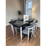 Msy Home 4 Kişilik Lina Antrasit Kumaş 80*130 Siyah Mermer Açılır Masa Sandalye Seti (Modern Seri)Beyaz Iskelet