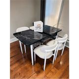 Msy Home 4 Kişilik Lina Beyaz Kumaş 80*130 Siyah Mermer Açılır Masa Sandalye Seti (Modern Seri)Beyaz Iskelet