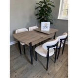 Msy Home 4 Kişilik Lina Krem Kumaş 80*130 Antik Çam Açılır Masa Sandalye Seti (Modern Seri) Siyah Iskelet