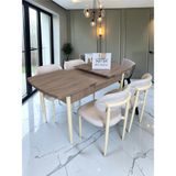 Msy Home 4 Kişilik Lina Krem Kumaş 80*130 Antik Çam Açılır Masa Sandalye Seti (Modern Seri)Krem Iskelet