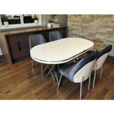 Msy Home 4 Kişilik Milano Krom Serisi Oval Beyaz Lake Masa Yönsüz Kumaş Modern ve Şık Yemek Takımı - Çok Renkli