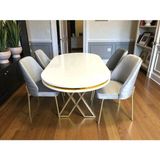 Msy Home 4 Kişilik Monaco Stil Gold Çizgili Gri Yönsüz Kumaş Beyaz Oval Masa Modern Yemek Odası Seti - Bej