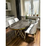 Msy Home 4 Kişilik Monaco Stil Gold Çizgili Gri Yönsüz Kumaş Ironi Oval Masa Modern Yemek Odası Seti - Bej